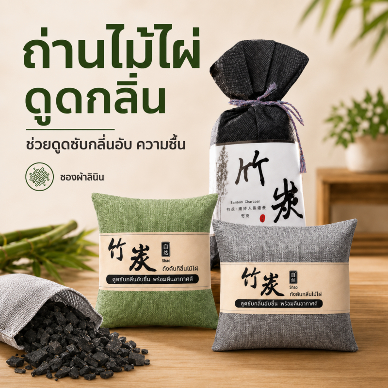 ถุงถ่านไม้ไผ่ดูดกลิ่น 400 กรัม ปลอดภัยไร้สารเคมี ใช้ได้ในบ้านและรถยนต์