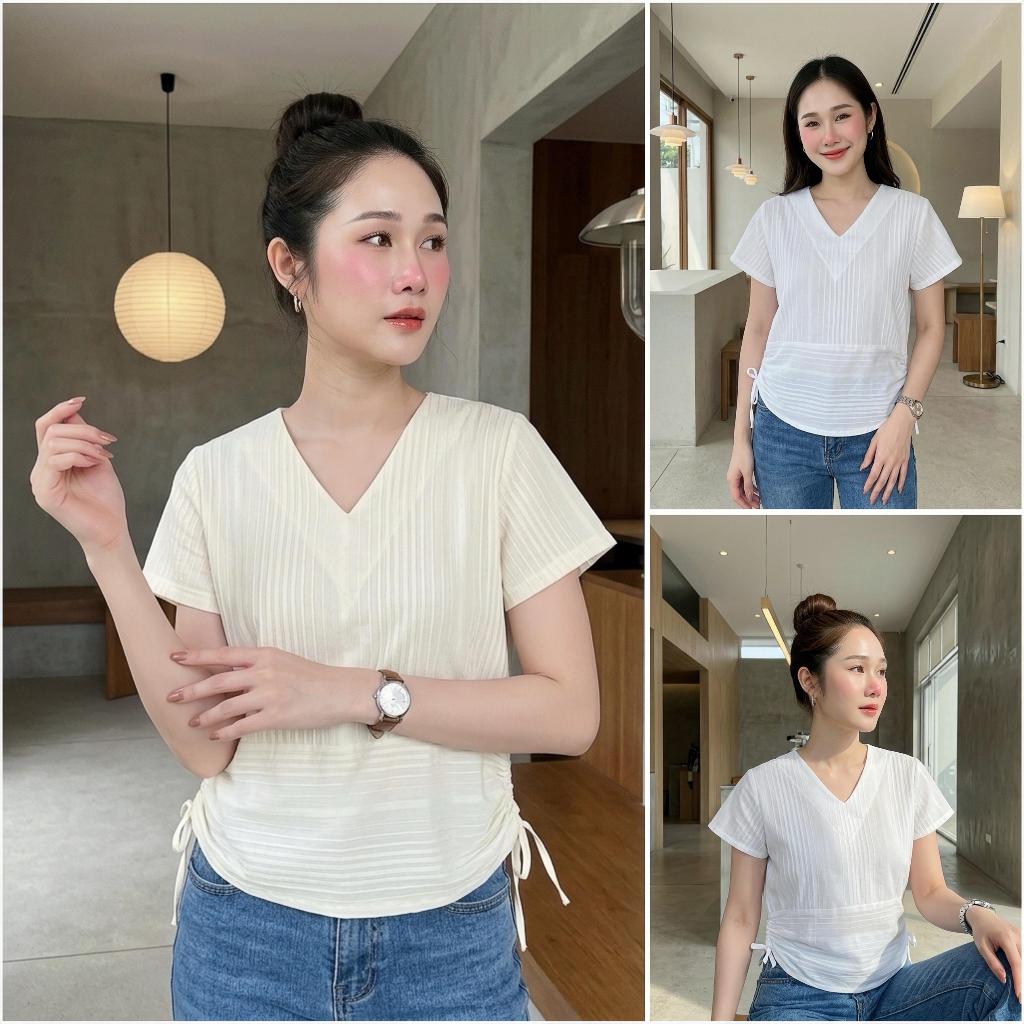 เสื้อผ้าฝ้ายด๊อบบี้ ทรงคอวีรูดเชือก เนื้อนุ่มใส่สบาย ตัวผ้าทอลายนูนมีเอกลักษณ์