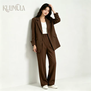 KULIMULA เสื้อสูทสองชิ้น ทรงหลวมสุภาพ เสื้อเบลเซอร์แขนยาวคู่กางเกงขากว้าง ใส่ไปทำงานพบปะลูกค้าดูหรูหรา YD66