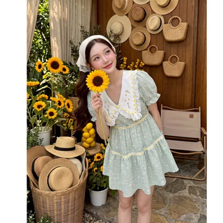 (มี3XL) สีเขียวมัจฉะ Bai Cha Dress เดรสสั้นผ้าคอตตอน ปกงานปักเดซี่ แขนตุ๊กตา ตัดต่อเส้นเทปงานปัก ซิปหลัง มีซับใน