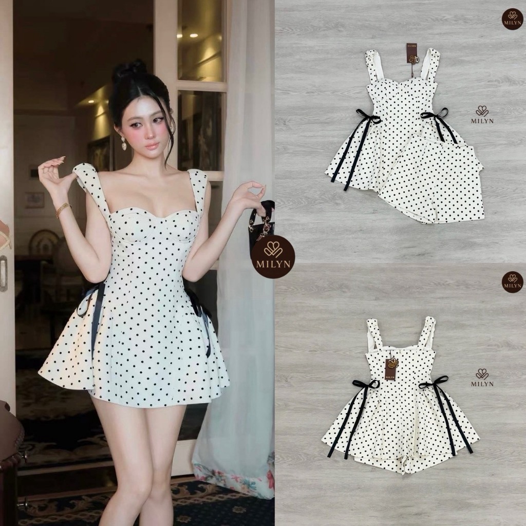 MILYN Setเสื้อโทนครีม ลาย Polka Dot สีดำ+กางเกงขาสั้น รูปที่ 7