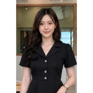 LR26 ชุดเดรส-กระโปรงบานทรงเอ เสื้อคอปกแต่งอกดอกกุหลาบ แต่งกระดุมหน้า