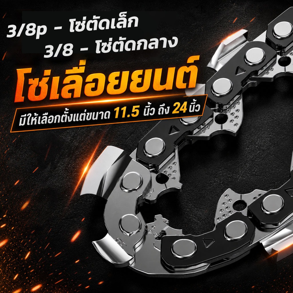 โซ่ ขนาด 11.5"12"16"18"20"22"24"(3/8p-3/8)ชุบแข็งด้วยความร้อนสูง มีความเหนียวสูง ตัดได้อย่างมีประสิทธิภาพตัดไม้เร็วขึ้น