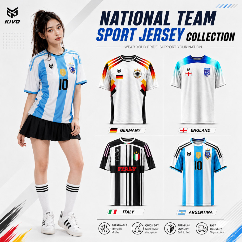 เสื้อฟุตบอลแฟชั่นทีมชาติ รุ่นยอดนิยม ผ้าตาข่าย 150g ระบายอากาศดี ใส่ได้ทั้งชายหญิง