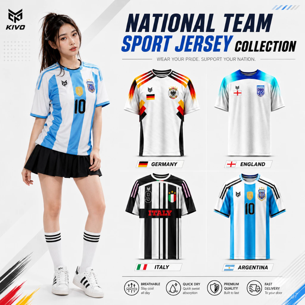 เสื้อฟุตบอลแฟชั่นทีมชาติ รุ่นยอดนิยม ผ้าตาข่าย 150g ระบายอากาศดี ใส่ได้ทั้งชายหญิง