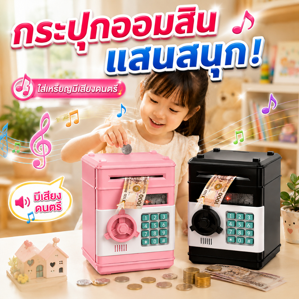 กระปุกออมสิน ATM ตู้เซฟย่อขนาด ดูดแบงค์และหยอดเหรียญได้ มีรหัสผ่านและเสียงดนตรี หลายสีให้เลือก