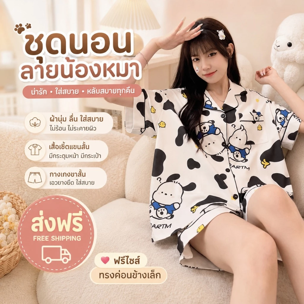 ชุดนอนลายการ์ตูนแขนสั้นขาสั้น ชุดนอนผ้าคอตตอน เนื้อผ้าบางเบาใส่สบาย วัสดุนี้บางและระบายอากาศได้ดี