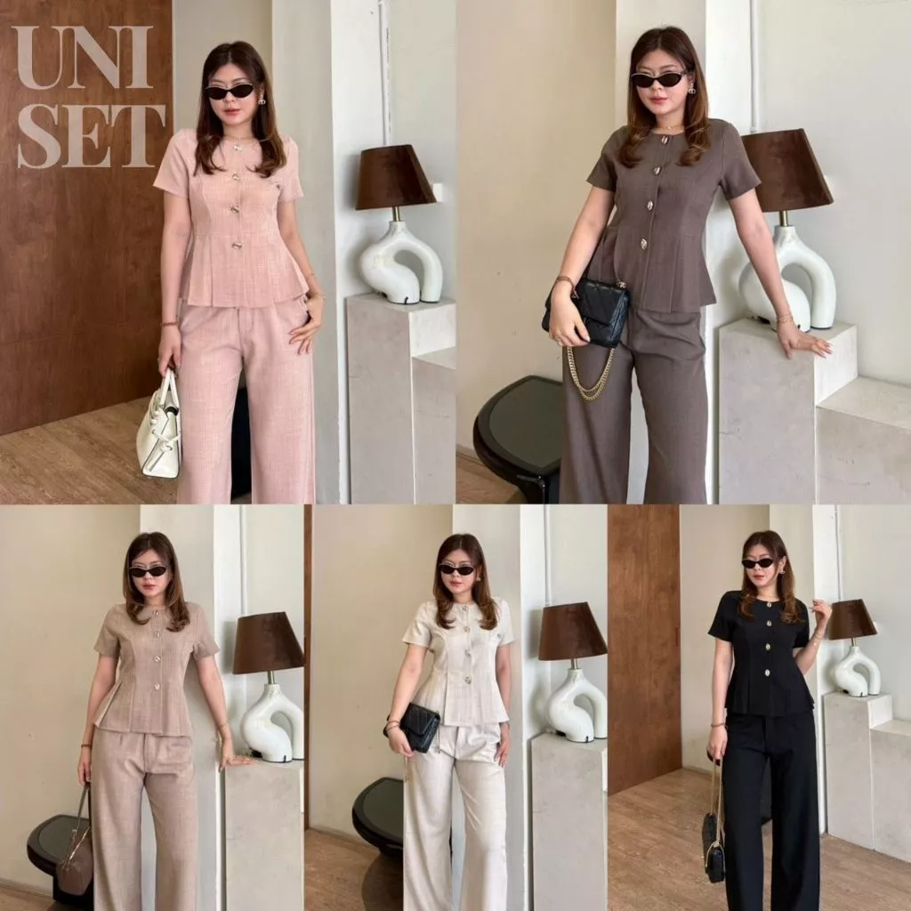 Uni Set:: ชุดเซ็ท 2 ชิ้นขายาว ชุดเซ็ทขายาว เสื้อคอกลมแขนสั้นแต่งกระดุมทอง ชายล่างแต่งจีบ ทำงาน BETTY (B072)