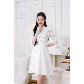 เดรส ALERT BRAND คอปกพิมพ์ลายดอกมินิ มินิมอลเกาหลีเกาใจ ตัดกับกระโปรงพื้น ช่วงอกเป็นกระดุมเปิดได้จริง