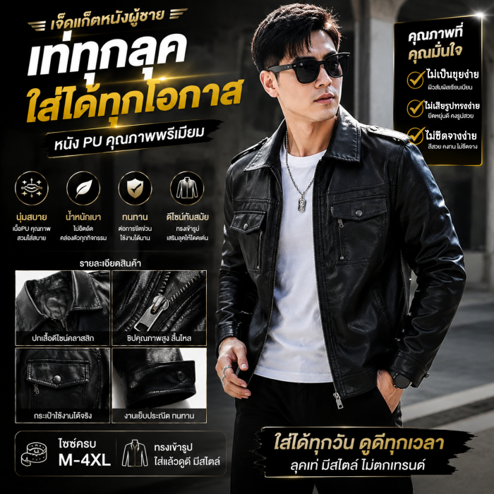 แจ็คเก็ตหนัง PU ผู้ชาย เนื้อนุ่ม ดีไซน์เกาหลี ซิปคุณภาพสูง ซิปทองเหลือง ทรงเท่ กันลม ใส่สบาย M-4XL