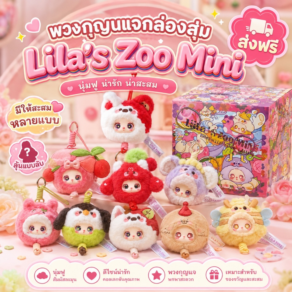 Baby three Liila's Zoo mini กล่องสุ่มตุ๊กตาสุดเทรนด์มินิ ของขวัญจี้ตุ๊กตา ของขวัญ สายคล้องโทรศัพท์มื