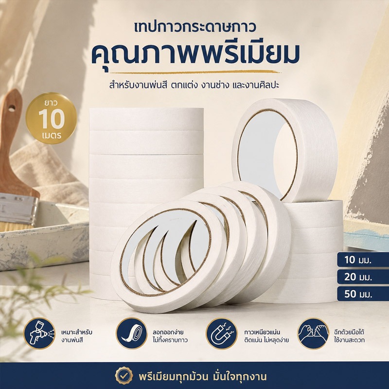 พร้อมส่งกรุงเทพ เทปกระดาษกาวพรีเมียม ยาว10เมตร 10/20/50มม ลอกออกง่าย ไม่ทิ้งคราบ งานพ่นสีตกแต่งศิลปะ