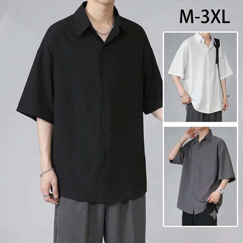 เสื้อเชิ้ตแขนสั้นผู้ชายสไตล์เกาหลี สีพื้น ทรงหลวม ไซส์ใหญ่ ใส่สบาย ระบายอากาศ เสื้อแฟชั่นลำลองแมทช์ง่าย