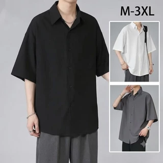 เสื้อเชิ้ตแขนสั้นผู้ชายสไตล์เกาหลี สีพื้น ทรงหลวม ไซส์ใหญ่ ใส่สบาย ระบายอากาศ เสื้อแฟชั่นลำลองแมทช์ง่าย