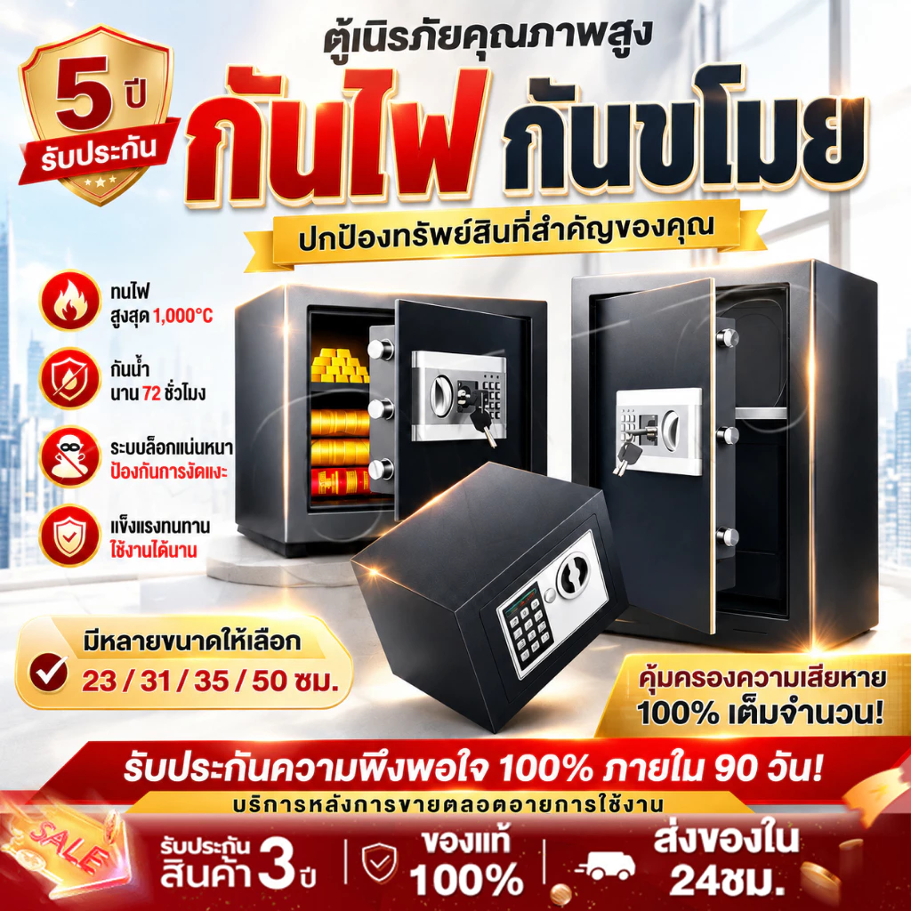 ตู้เซฟ ตู้เซฟกันไฟ ตู้นิรภัย สีดำ สีทอง(35x25x25 cm) safety box รหัสผ่าน ทนไฟ หนาพิเศษ รับประกัน 3 ปี