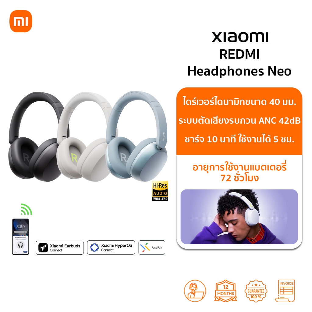🆕Xiaomi REDMI Headphones Neo หูฟัง | ไมค์ 3 ตัว พร้อม AI ลดเสียงรบกวน | เสียงเบสทรงพลัง | Bluetooth 5.4 | Headset