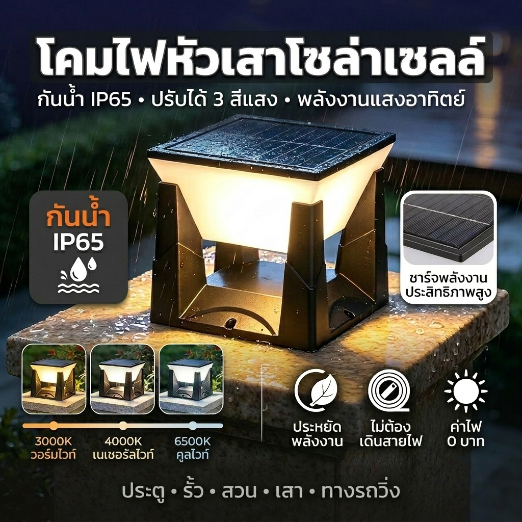 CANMEIJIA โคมไฟหัวเสาโซล่าเซลล์ ไฟแต่งสวนกลางแจ้ง กันน้ำ ไฟถังสมบัติ 3 สีสำหรับรั้วบ้านและทางเดิน