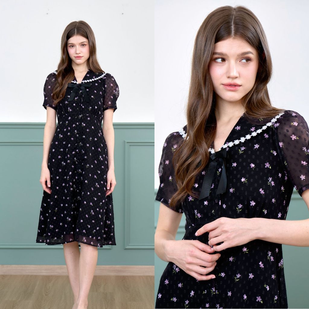 Cheryl brand - Agatha Lace Trim Collar Dress in Black Floral Print / เดรสผ้าชีฟองสีดำ ลายพิมพ์ดอกไม้สีม่วง ปกแต่งลูกไม้