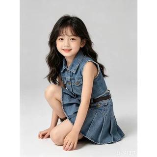 BB352 เซตเสื้อเวสต์คอปกผ้ายีนส์+กระโปรงพลีทเด็กผู้หญิง ผ้าคุณภาพนุ่ม ใส่สบาย อายุ 2-12 ปี