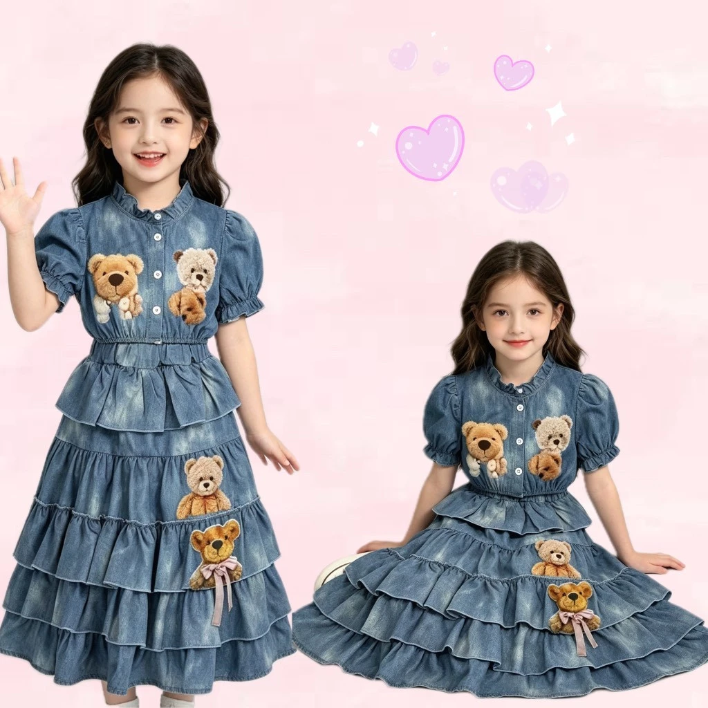 BB355 เซตเสื้อพัฟแขนครอป+กระโปรงกางเกงหลายชั้น ผ้านุ่มเด็กผู้หญิง ตกแต่งตุ๊กตาหมี ชุดฤดูร้อน