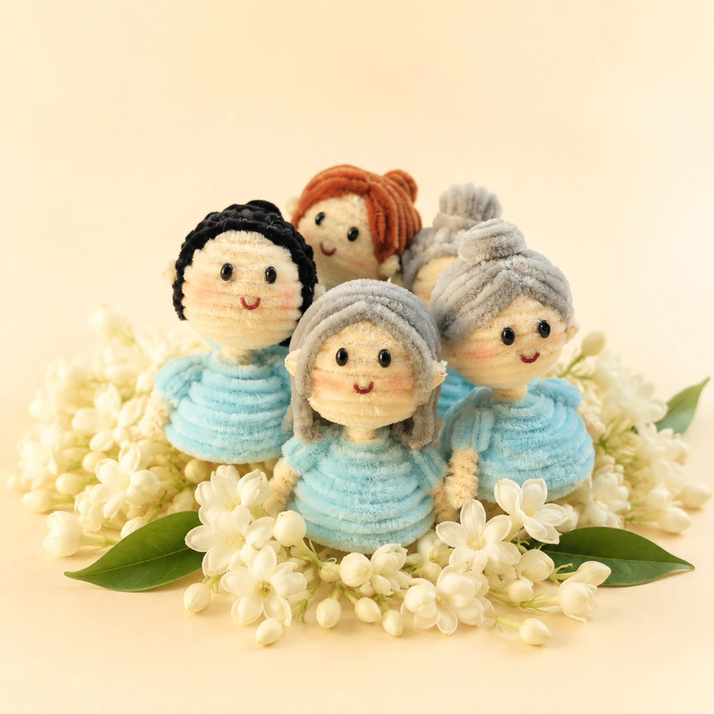 หัวตุ๊กตาคุณแม่คุณยาย 2 ซม ทำจากลวดกำมะหยี่ เซท 5 หัว