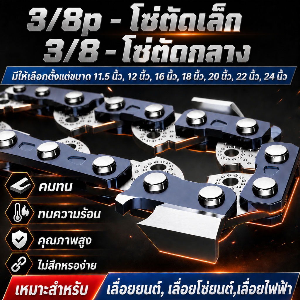 โซ่เลื่อยยนต์ 3/8 3/8P ขนาด 11.5″12นิ้ว16นิ้ว18นิ้ว20นิ้ว22นิ้ว24นิ้ว ตัดลื่น คมจัด สำหรับงานตัดไม้ทั่วไปและงานหนัก