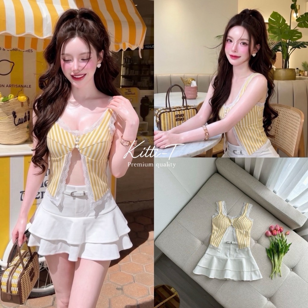 KITTI-T setเสื้อครอปสายเดี่ยวลายทางสีเหลือง-ขาว KT 1546