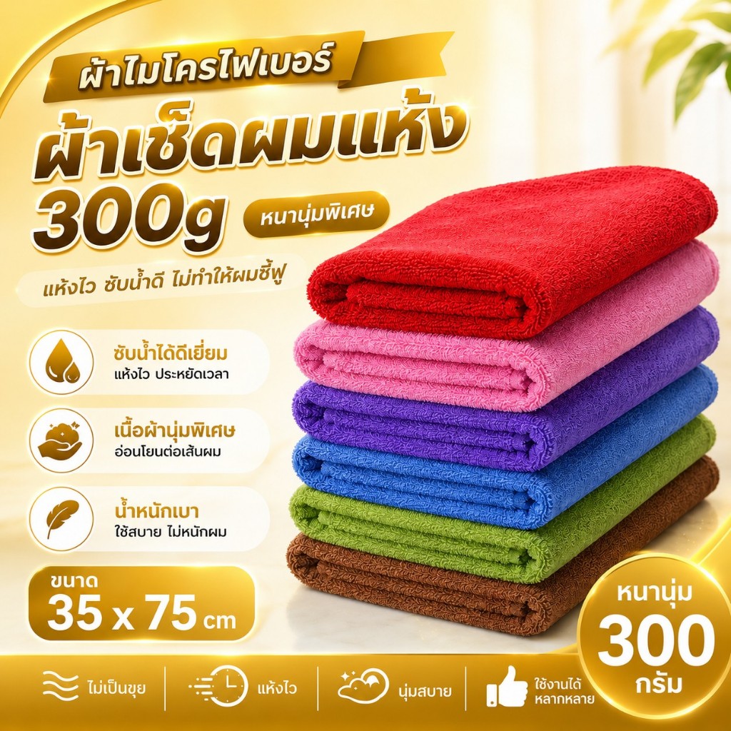 ผ้าไมโครไฟเบอร์ ผ้าเช็ดผมแห้ง 300g ขนาด 35 X 75cm ผ้าอเนกประสงค์ ผ้าเช็ดรถ ผ้านุ่ม ซับน้ำดี ไม่เป็นขุ่ย