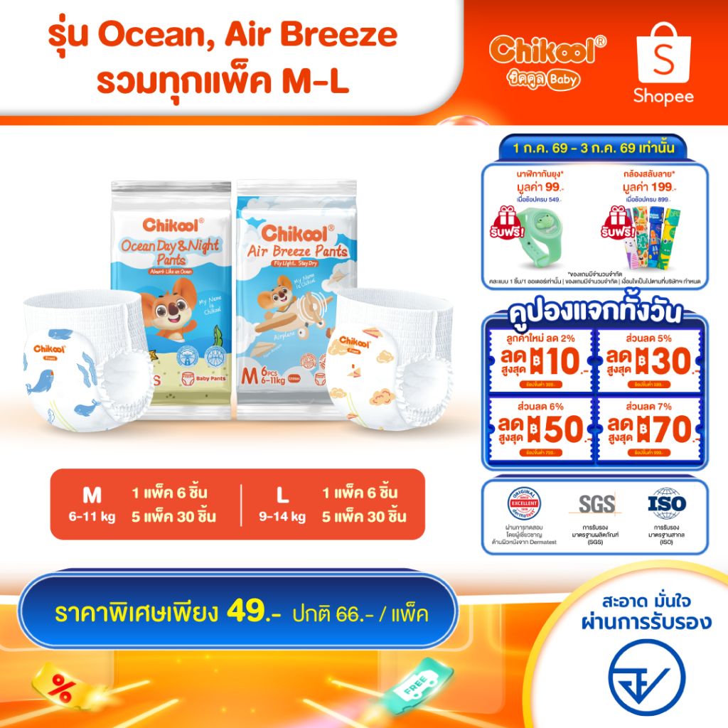 [ขนาดพกพา] Chikool Ocean & Air Breeze Pants Travel Pack ชิคคูล กางเกงผ้าอ้อมเด็กรุ่น โอเชียน และ แอร์บรีซ ไซส์ M-L