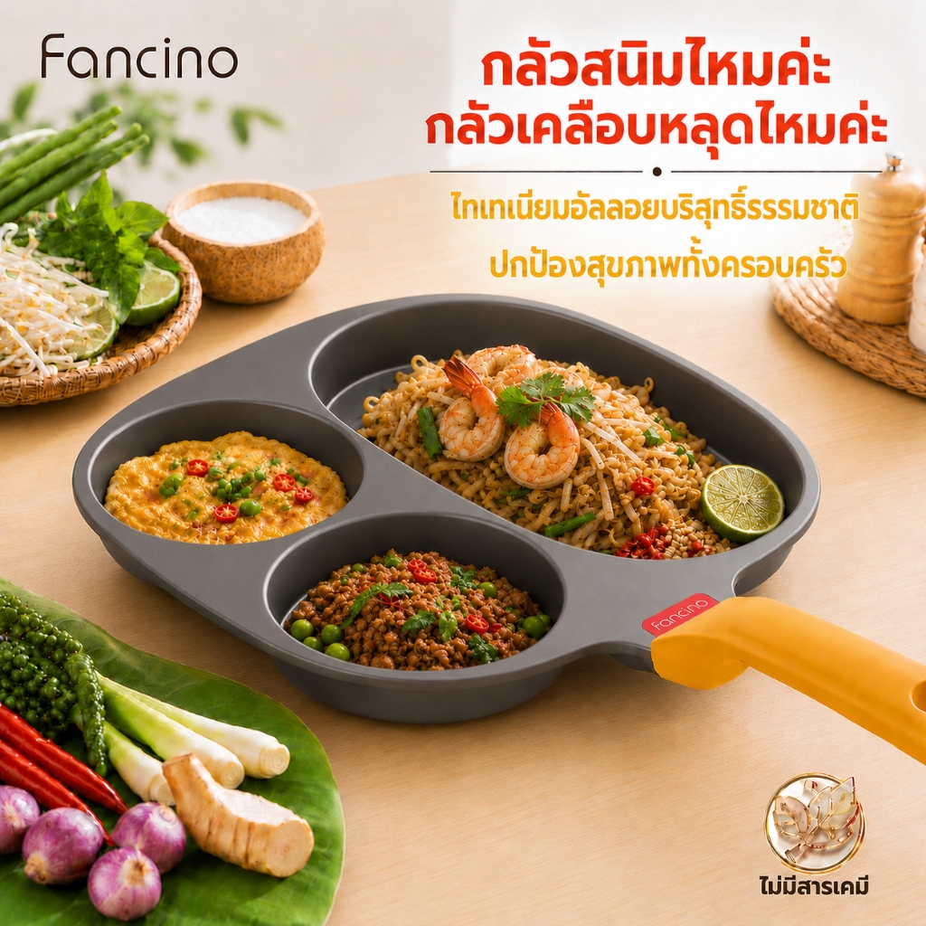 Fancino 3IN1 กระทะทอดอาหารเช้าไทเทเนียม 22ซม ปราศ PFOA PFAS วัสดุเกรดอาหาร ทุกเตา มือจับทนความร้อน ล้างง่าย