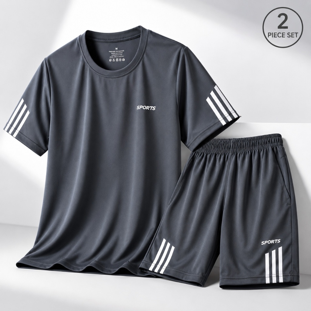 ชุดกีฬาผู้ชาย 2 ชิ้น เสื้อแขนสั้น กางเกงขาสั้น ชุดออกกำลังกายผู้ชาย ใส่วิ่ง ฟิตเนส ใส่ลำลอง