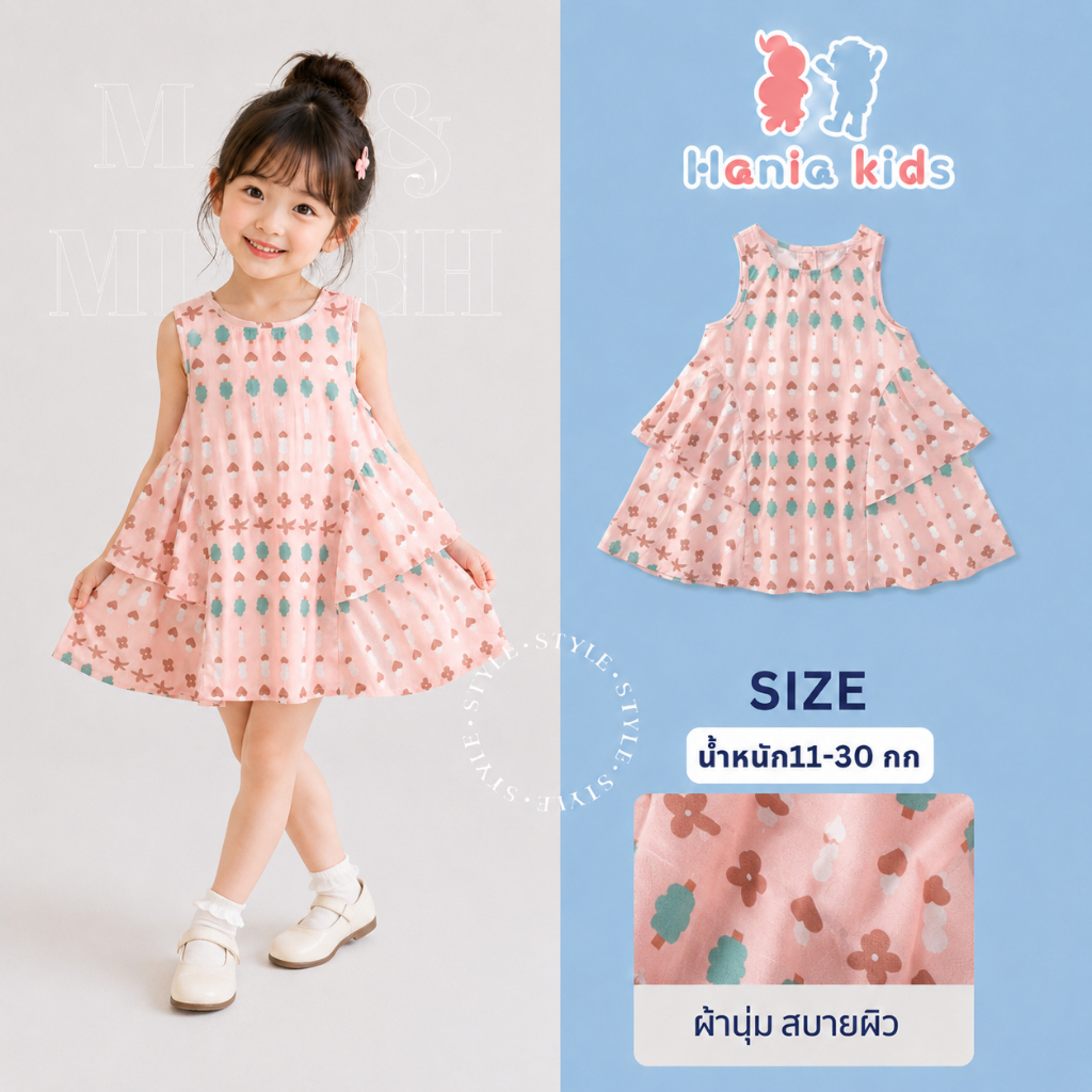 Hania kids พร้อมส่ง ชุดกระโปรงสีชมพู ลวดลายมินิมอล ชุดเด็กผู้หญิง K4125134