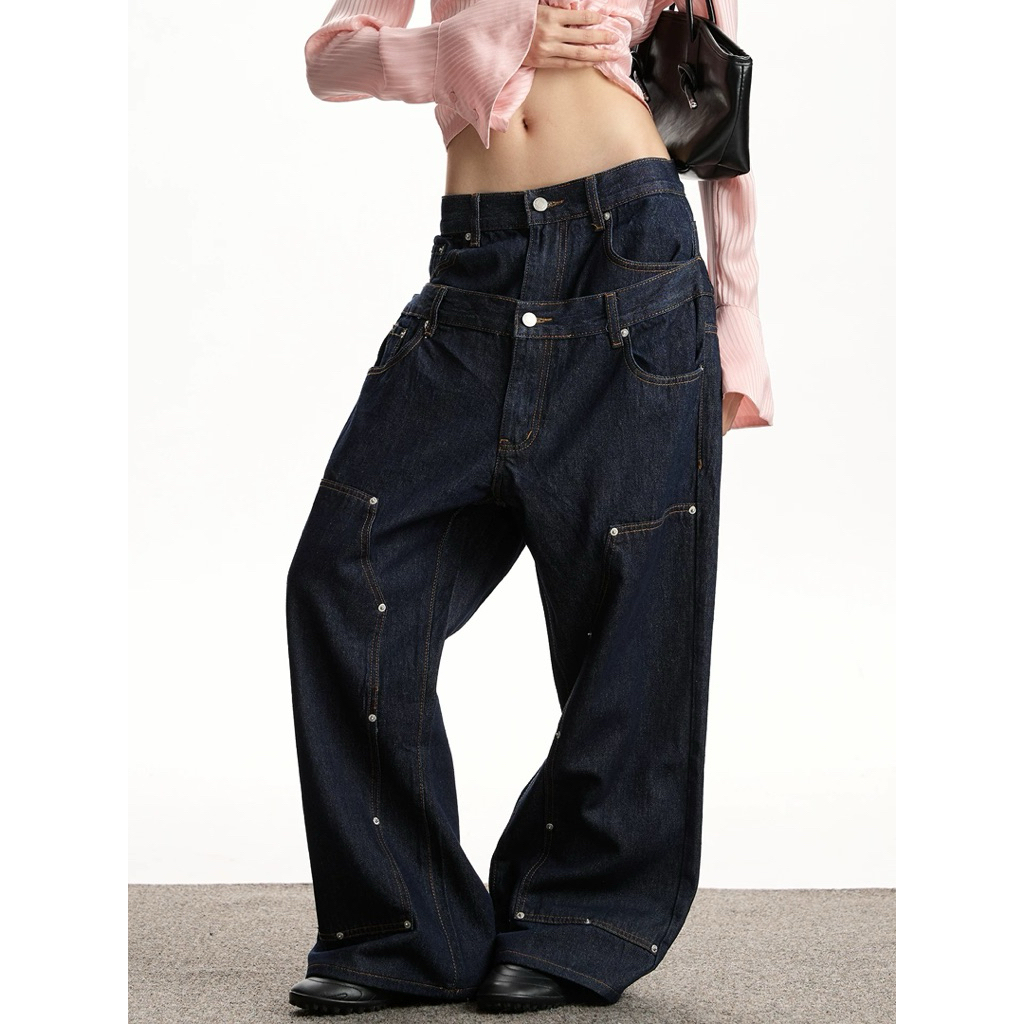 RIVET SHADOW DENIM กางเกงยีนส์ขายาวทรงกระบอกใหญ่ ดีไซน์ซ้อนเอวสองชั้น แต่งหมุดสตรีท Y2K / American Street