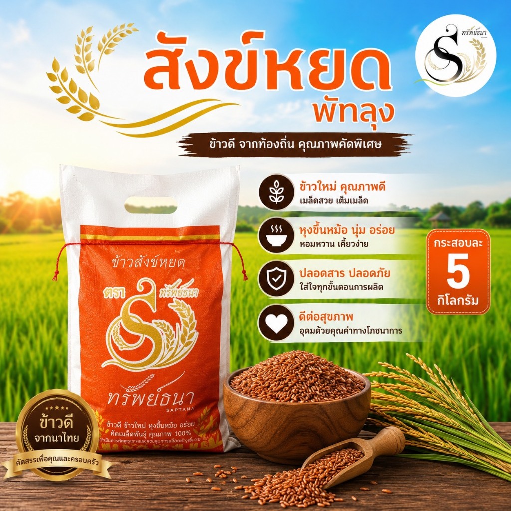 ข้าวสังข์หยด กระสอบ 5 กิโลกรัม ของแท้ 100% มาตรฐานการผลิตที่ไว้ใจได้ ตราทรัพย์ธนา