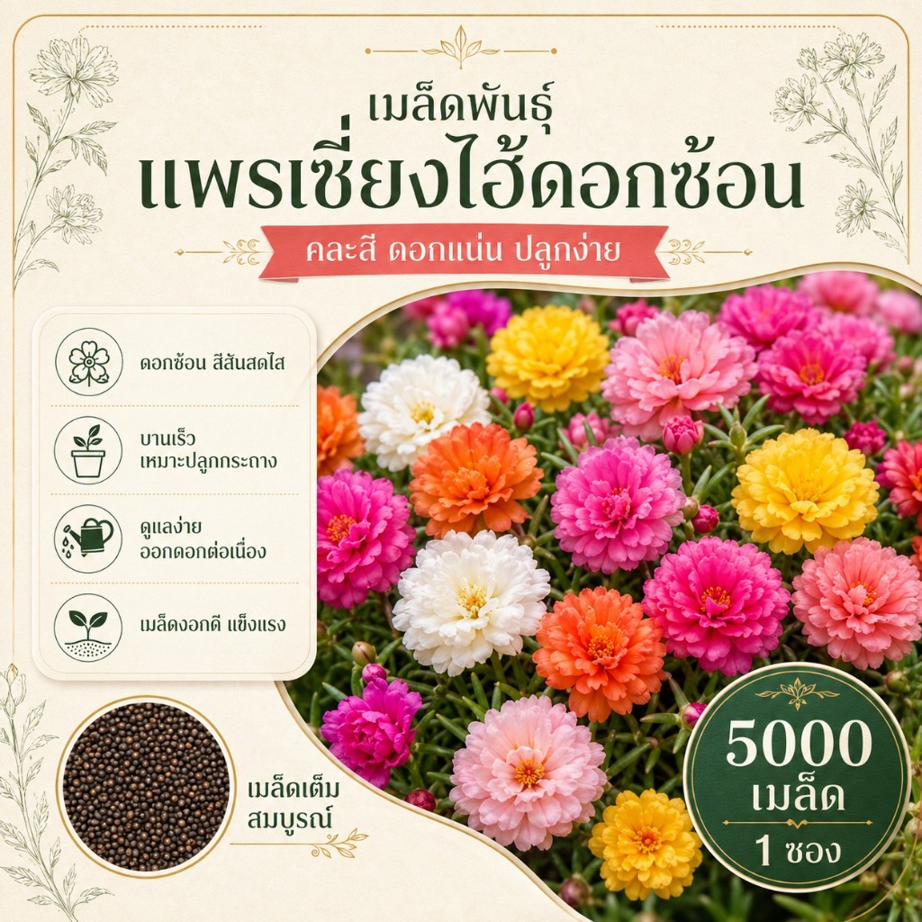 เมล็ดแพรเซี่ยงไฮ้ผสมหลายสี บรรจุ 5,000–10,000 เมล็ด ดอกสวย มอสโรส แพรดอก มีวิธีเพาะปลูกอยู่ในรายละเอียดสินค้า
