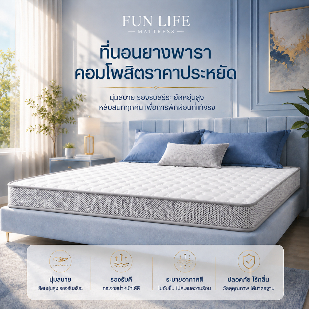 FLM ที่นอน ที่นอนยางพารา  3ฟุต 4ฟุต 5ฟุต 6ฟุต แก้ปวดหลัง ที่นอนเพื่อสุขภาพ ที่นอนยางพาราแท้ 100%