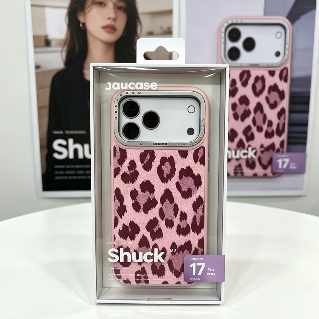 Mo- Shuck Case ลายเสือดาว ขอบประดับเพชร สำหรับรุ่น iPhone 17 Pro Max 17Pro 16 Pro Max Case