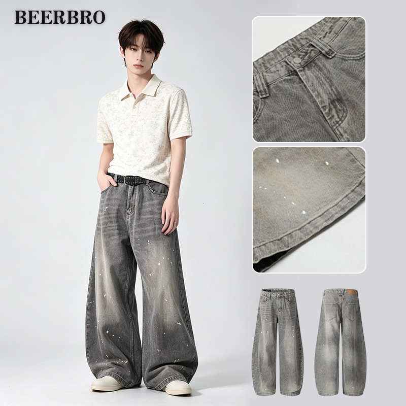beerbroth-กางเกงยีนส์ผู้ชาย สีเทา ขากว้าง ทรงกระบอกใหญ่ ทรงหลวม สไตล์อเมริกันย้อนยุค  baggy jeans