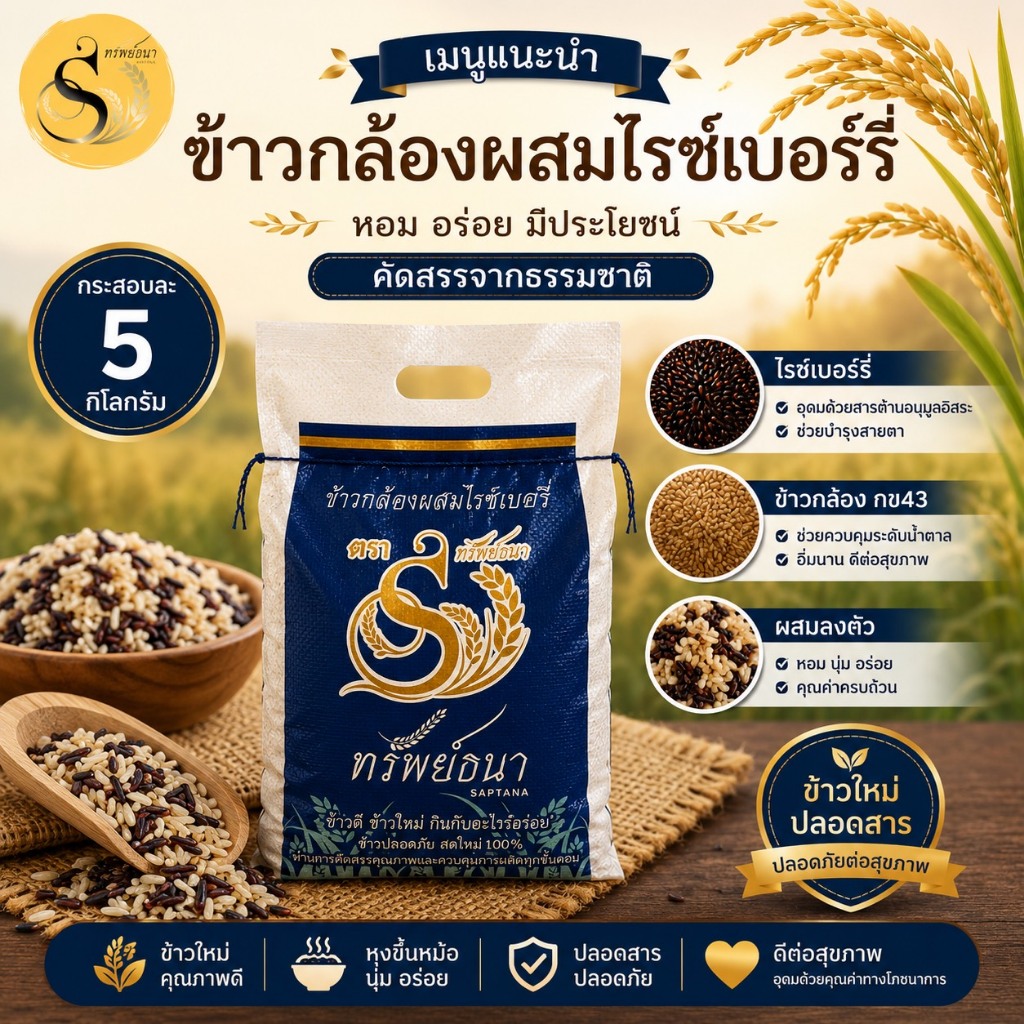 ข้าวกล้องผสมไรซ์เบอร์รี่ กระสอบ 5 kg. เต็มอิ่ม จุใจ เหมาะสำหรับตุนหรือใช้ประจำ