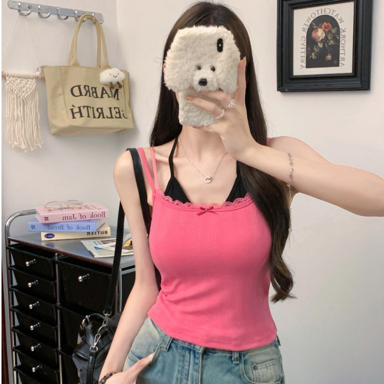 เสื้อกล้ามสายเดี่ยวดีไซน์สองชิ้นปลอม สีตัดกัน มีสายผูก เอวสั้นโชว์หน้าท้อง