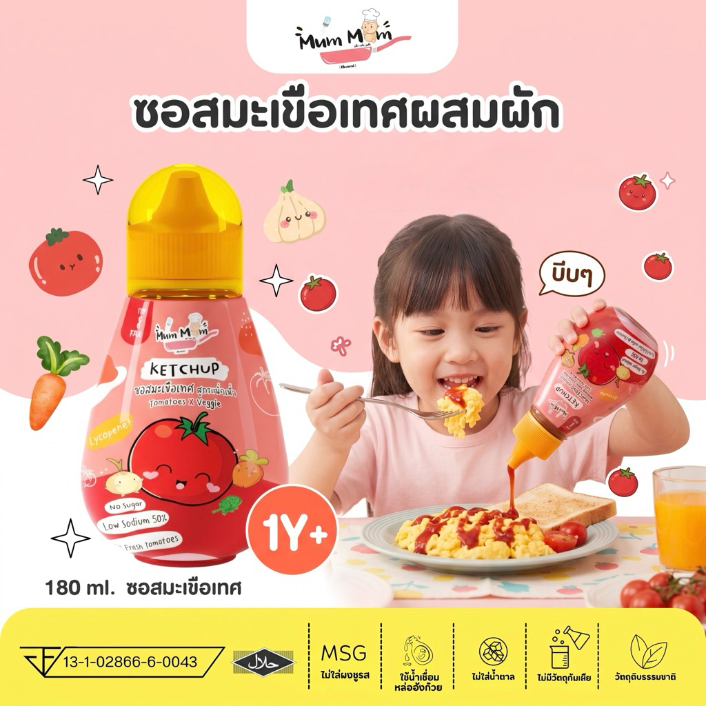MUMMUM ซอสมะเขือเทศผสมผัก สูตรหม่ำหม่ำ ไม่มีน้ำตาล ลดโซเดียม 50% สำหรับเด็กโดยเฉพาะ