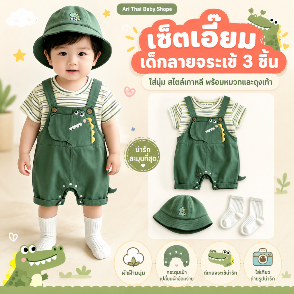 เซตเอี๋ยมเด็กลายจระเข้ 3 ชิ้น ผ้าคอตตอน นุ่มระบายอากาศ พร้อมหมวก+ถุงเท้า