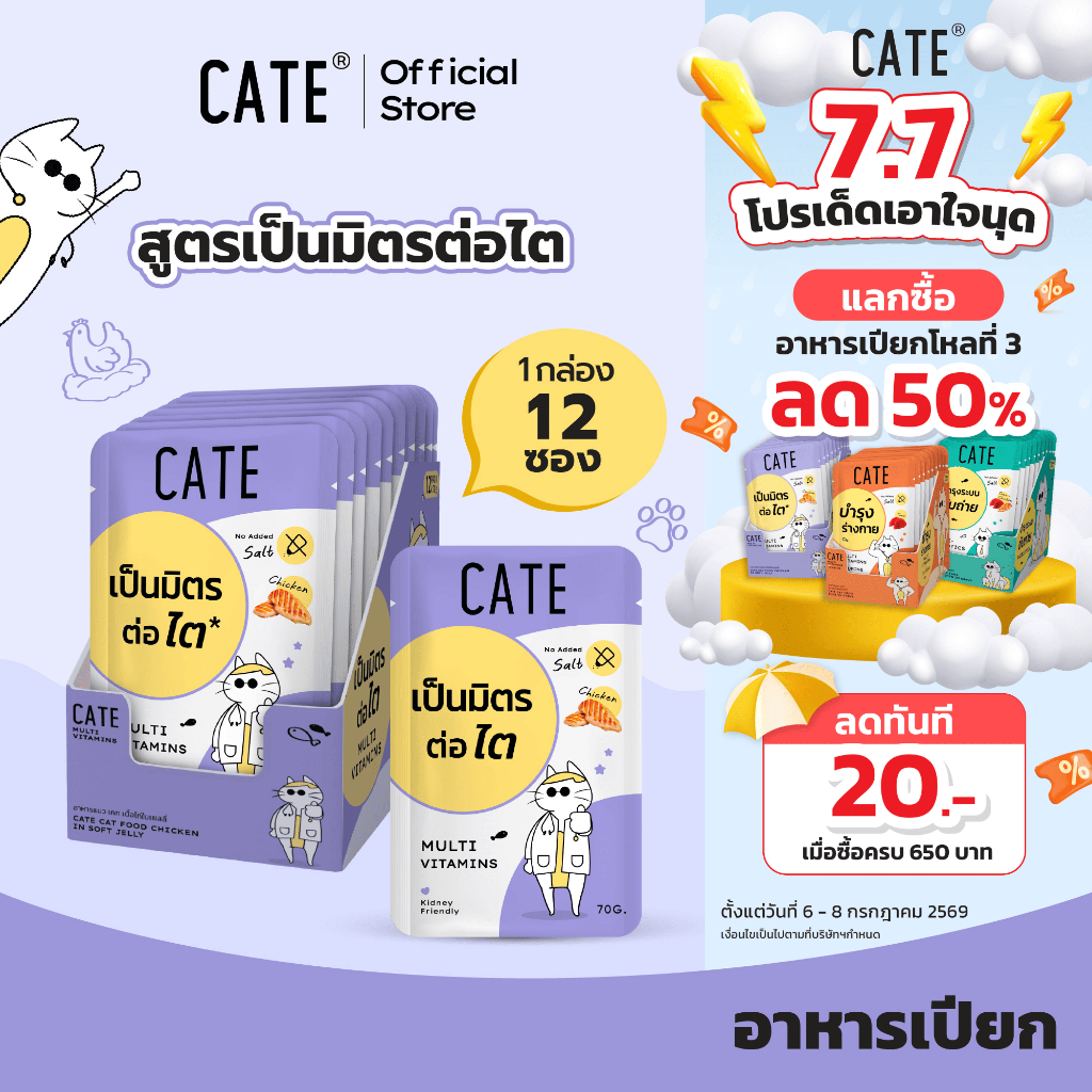 (ยกโหล1แถม1) CATE Wet Food เคท อาหารเปียกแมว สูตรเป็นมิตรต่อไต ไม่เติมเกลือ (2 กล่อง รวม 24 แพ็ค)