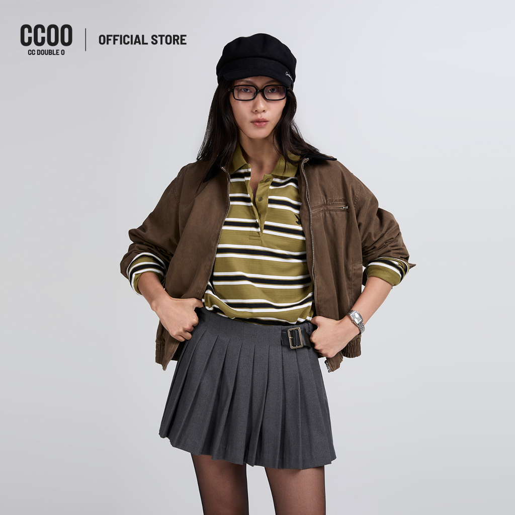 CC DOUBLE O GREEN STRIPES LONG SLEEVE POLO ผู้หญิง เสื้อโปโลแขนยาวลายทางสีเขียว รุ่น O26WGWA064 (AW26 #P3)