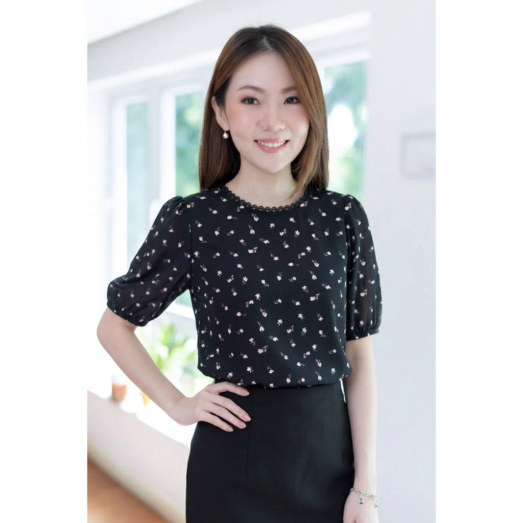 Narinari : MT7750 Lace Trim Floral Print Blouse