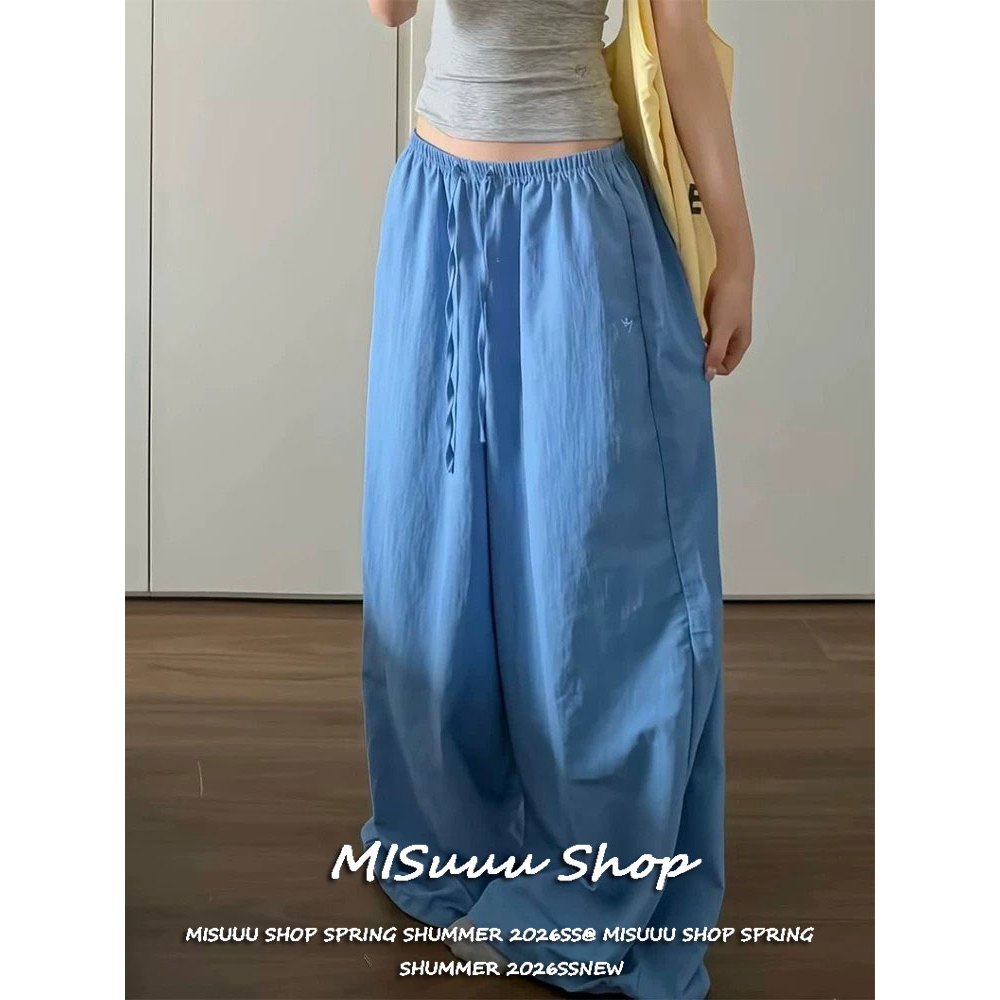 [Misuuu-Embroidered Drawstring Wide-Leg Trousers]กางเกงขากว้างใช้คู่ได้ทุกชุดช่วยดูผอมมีเชือกดึงปักลายสดใสเหมาะฤดูร้อน