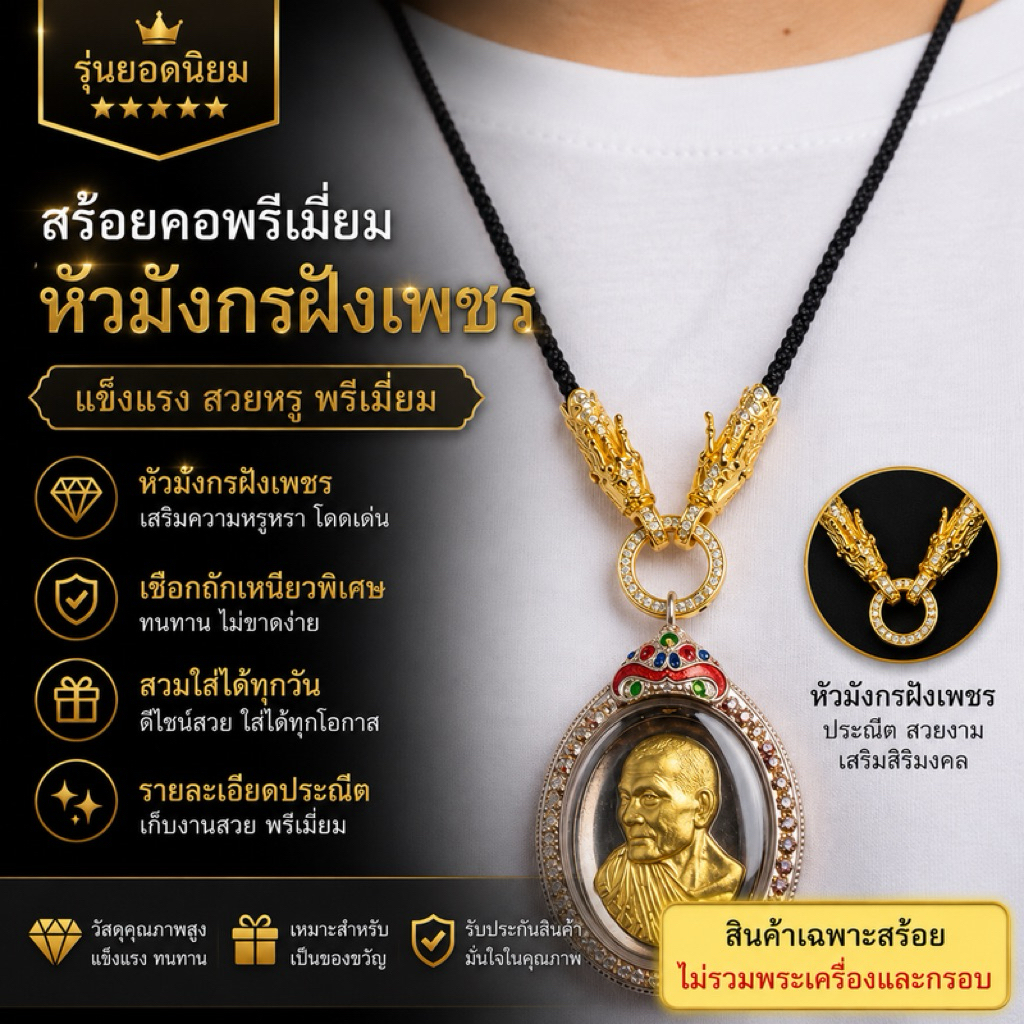 สร้อยเชือกถักห้อยพระ หัวมังกรทอง/เงิน แข็งแรง ใส่สวยทุกวัน