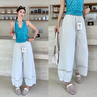Reallyshops #26822(K) กางเกงขายาว แต่งฉลุ+ระบายปลายขา เอวยางยืด ผู้หญิง พร้อมส่ง