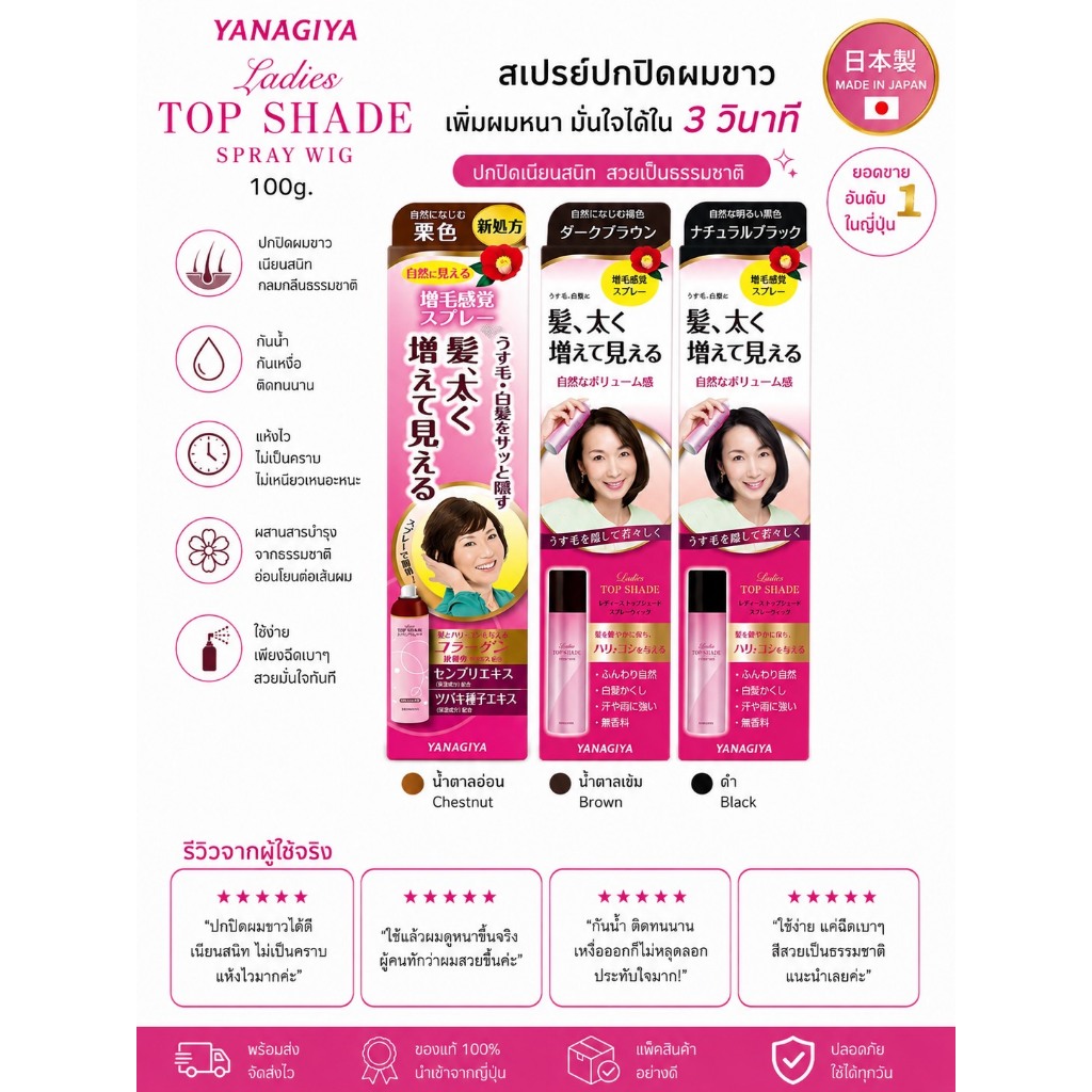 ❤️ไม่แท้คืนเงิน❤️ Yanagiya Ladies Top Shade Spray Wig 100g. สเปรย์ปิดผมขาว เหมาะสำหรับคนผมน้อย ผมบาง