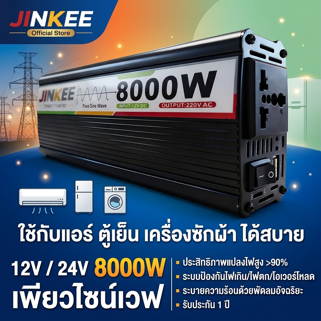 อินเวอร์เตอร์ 12v to 220v 24V 5000W 8000W รุ่นคลื่นไซน์บริสุทธิ์ ป้องกันไฟกระชากและลัดวงจร ใช้กับเครื่องใช้ไฟฟ้าในบ้าน